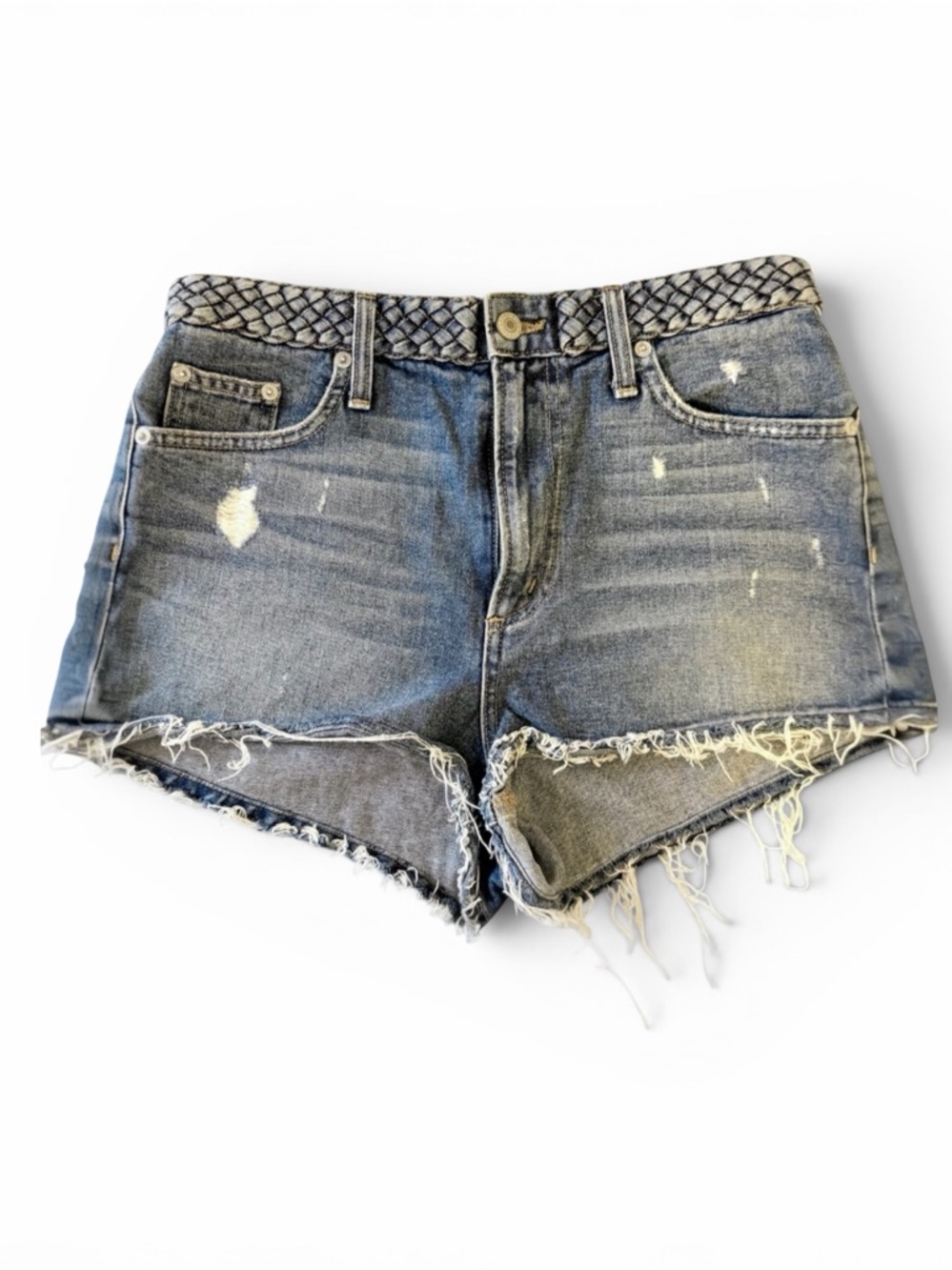 Tularosa Emma High Rise Denim Shorts 27 Distressed Braided Waist Boho Festival
